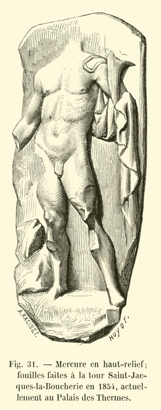 Mercurio en alto relieve; excavaciones realizadas en la torre Saint-Jacques-la-Boucherie en 1854, actualmente en el Palacio de los Baños de French School