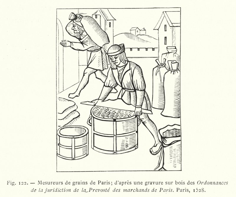 Medidores de granos de París; según un grabado en madera de las Ordenanzas de la jurisdicción de la Prevosté de los comerciantes de París, París de French School