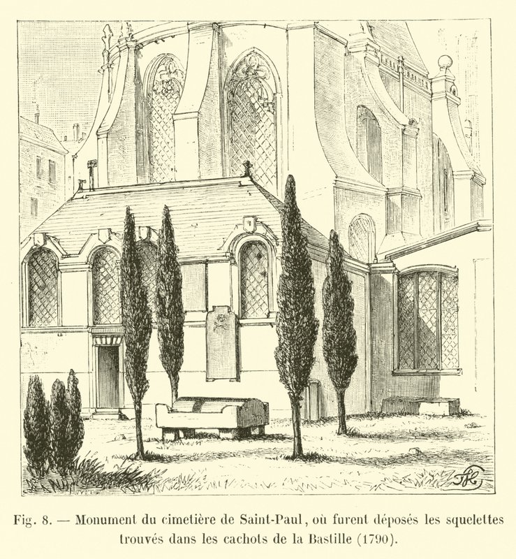 Monumento del cementerio de Saint-Paul, donde fueron depositados los esqueletos encontrados en los calabozos de la Bastilla, 1790 de French School