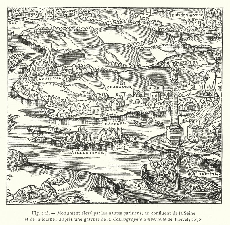 Monumento erigido por los navegantes parisinos, en la confluencia del Sena y el Marne; según un grabado de la Cosmografía universal de Thevet; 1575 de French School