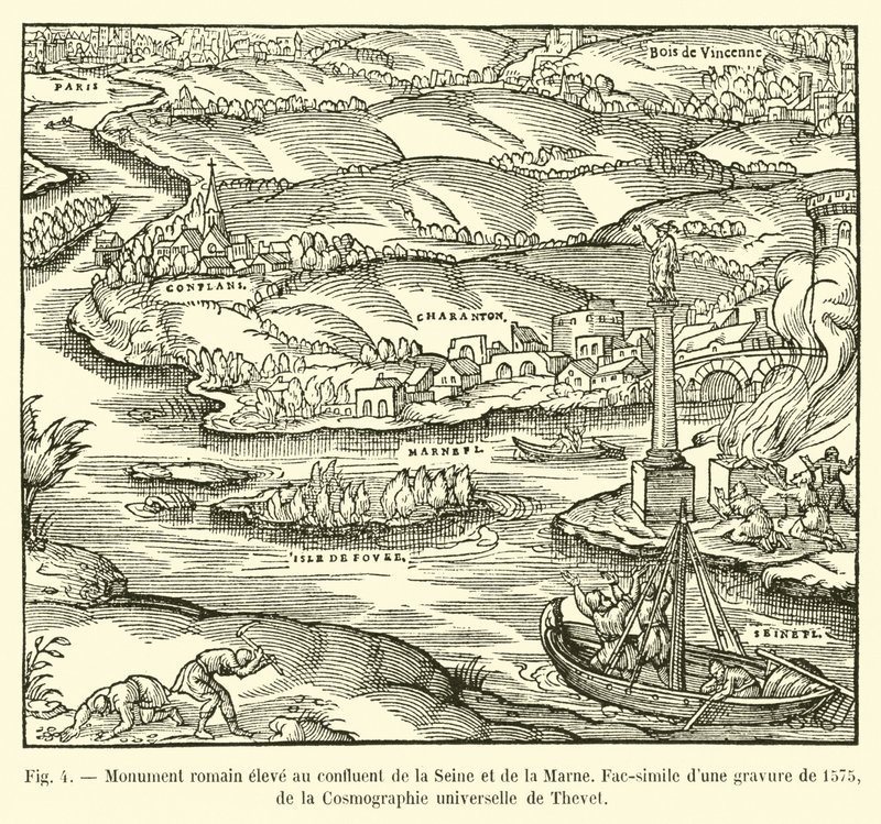Monumento romano erigido en la confluencia del Sena y el Marne, facsímil de un grabado de 1575, de la Cosmografía universal de Thevet de French School