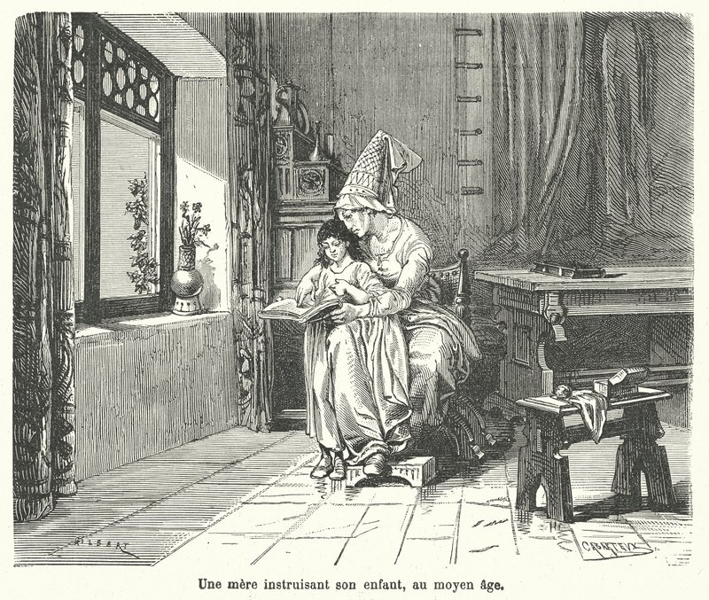 Madre enseñando a su hijo en tiempos medievales (grabado) de French School
