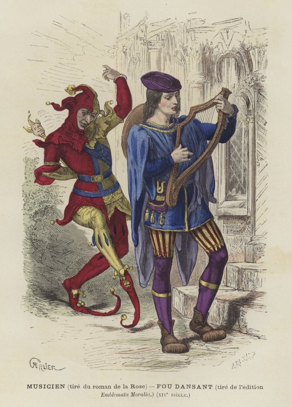 Músico y bufón danzante, siglo XIV de French School