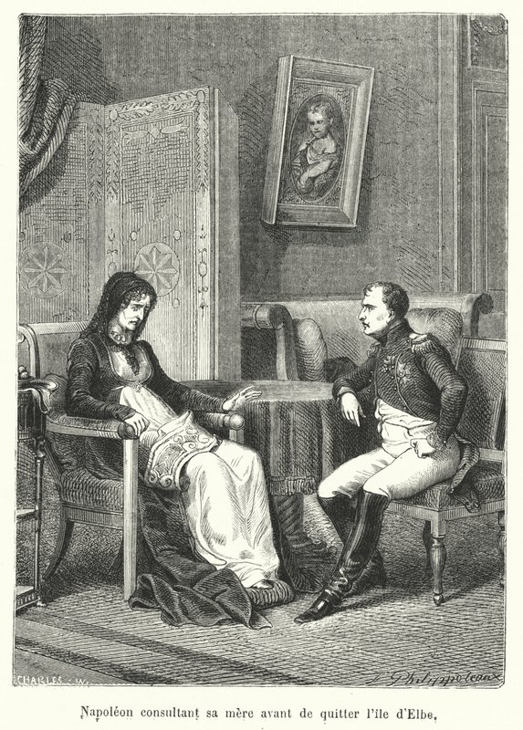 Napoleón consultando a su madre antes de dejar la isla de Elba de French School