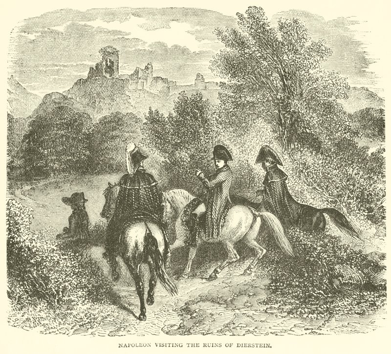 Napoleón visitando las ruinas de Dierstein de French School
