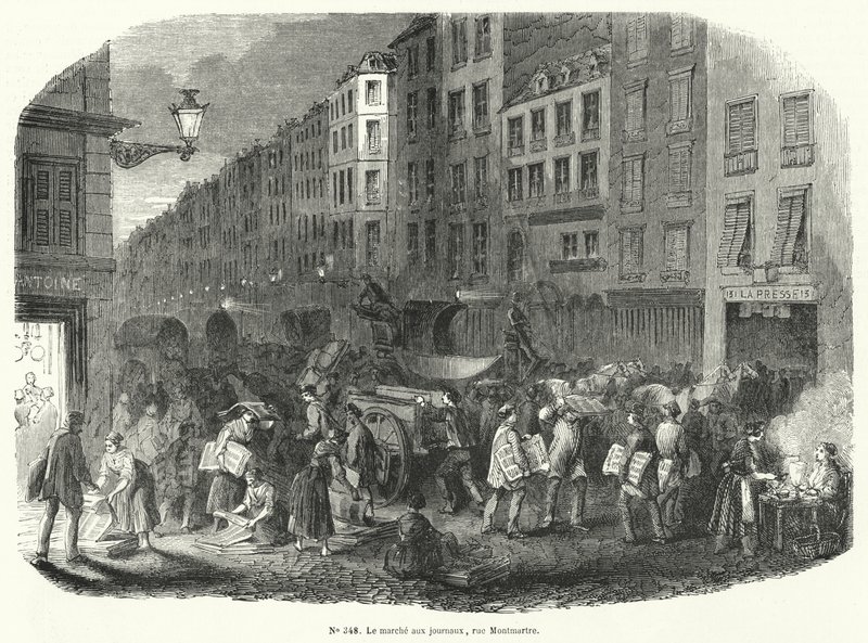 Mercado de periódicos, Rue Montmartre, París (grabado) de French School