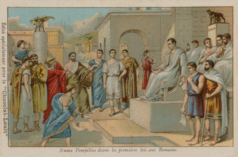 Numa Pompilio, segundo rey de Roma (753-673 a.C.), promulgando las primeras leyes romanas de French School
