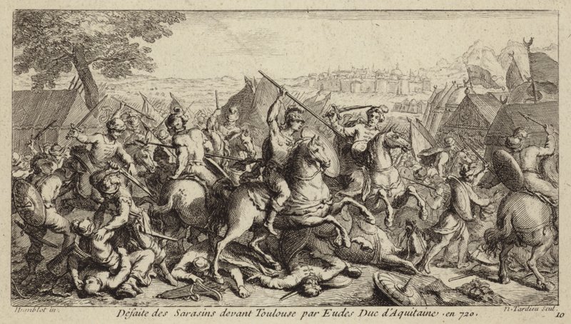 Odo, Duque de Aquitania, derrotando a los omeyas en la Batalla de Toulouse, 721 (grabado) de French School