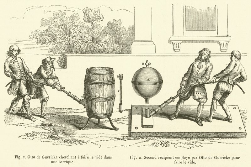 Otto de Guericke intentando hacer el vacío en un barril, Segundo recipiente empleado por Otto de Guericke para hacer el vacío de French School