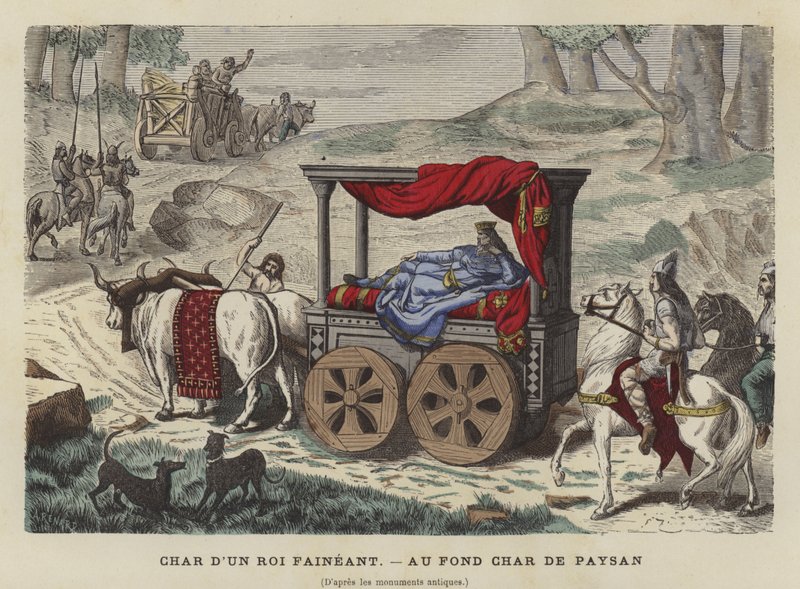 Carro de bueyes llevando a un rey reclinado de French School