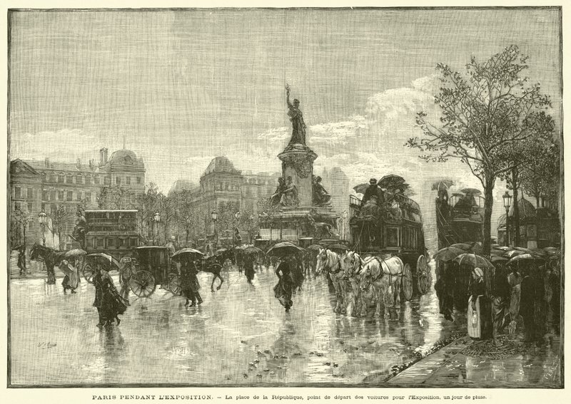 París Durante la Exposición, la plaza de la República, punto de partida de los coches para la Exposición, un día de lluvia de French School