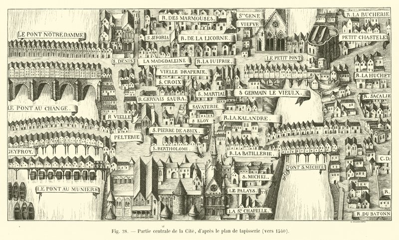 Parte central de la Cité, según el plan de tapicería, hacia 1540 de French School
