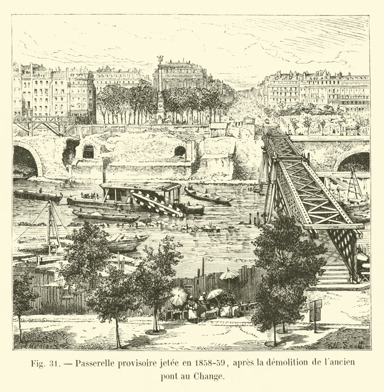 Pasarela provisional lanzada en 1858-59, tras la demolición del antiguo puente au Change de French School