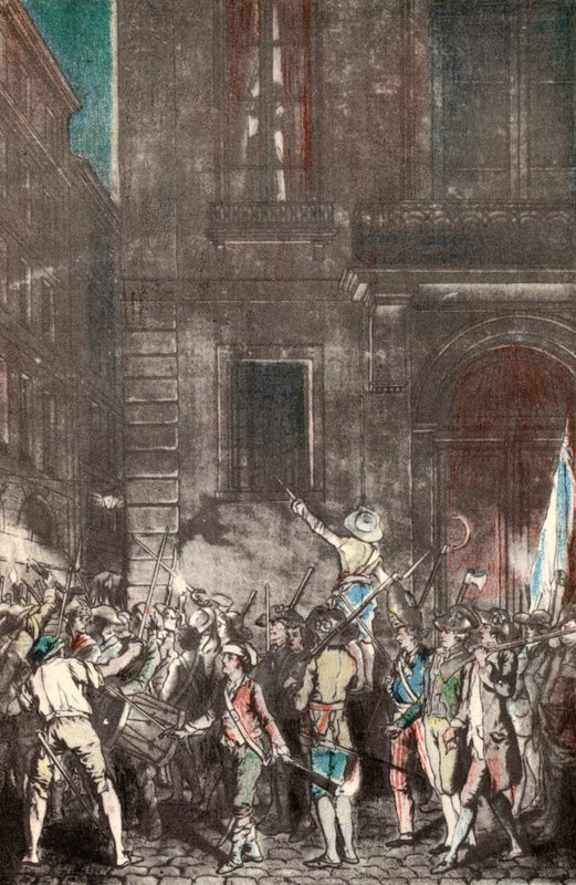 Patrullas realizadas por el pueblo de París durante la Revolución Francesa (grabado en color) de French School