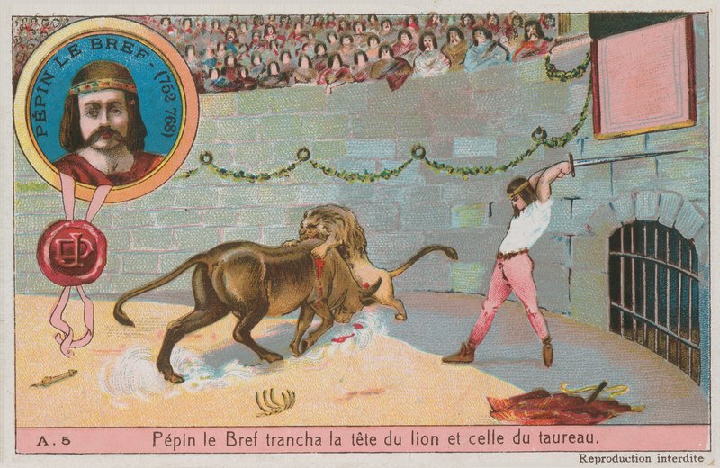 Pepino el Breve (752-768) atacando la cabeza del león y el toro de French School