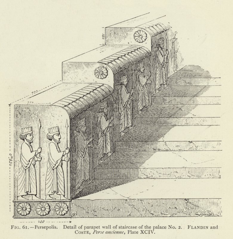 Persépolis, detalle del parapeto de la escalera del palacio No 2 (grabado) de French School