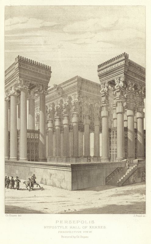 Persépolis, Sala hipóstila de Jerjes, Vista en perspectiva, restaurada por Ch Chipiez de French School