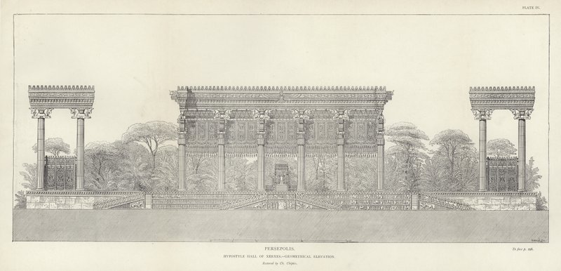 Persépolis, Salón Hipóstilo de Jerjes, elevación geométrica, restaurado por Ch Chipiez de French School