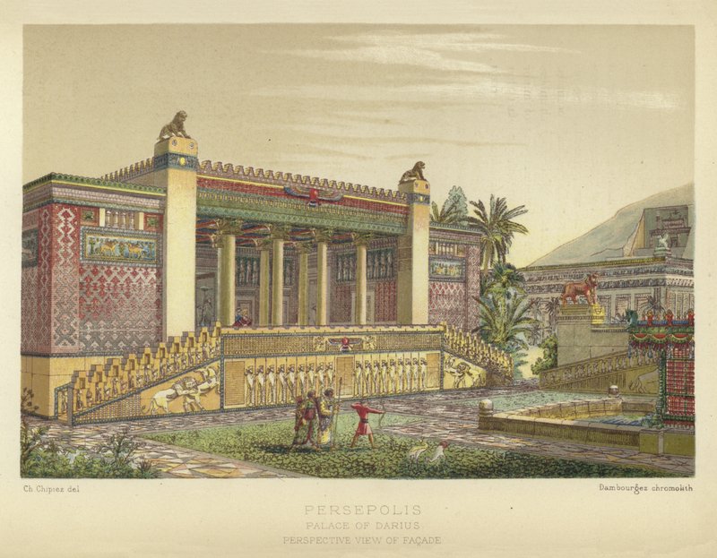 Persépolis, Palacio de Darío, Vista en perspectiva de la fachada de French School