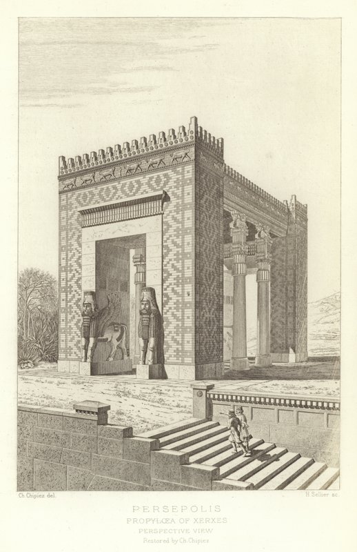 Persépolis, Propíleos de Jerjes, Vista en perspectiva, restaurada por Ch Chipiez de French School
