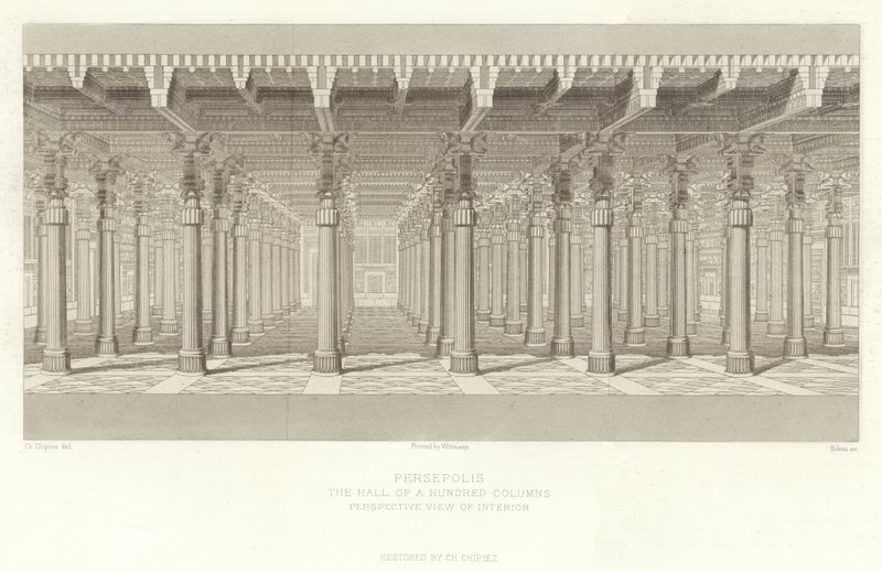 Persépolis, el Salón de las Cien Columnas, Vista en perspectiva del interior, restaurado por Ch Chipiez de French School