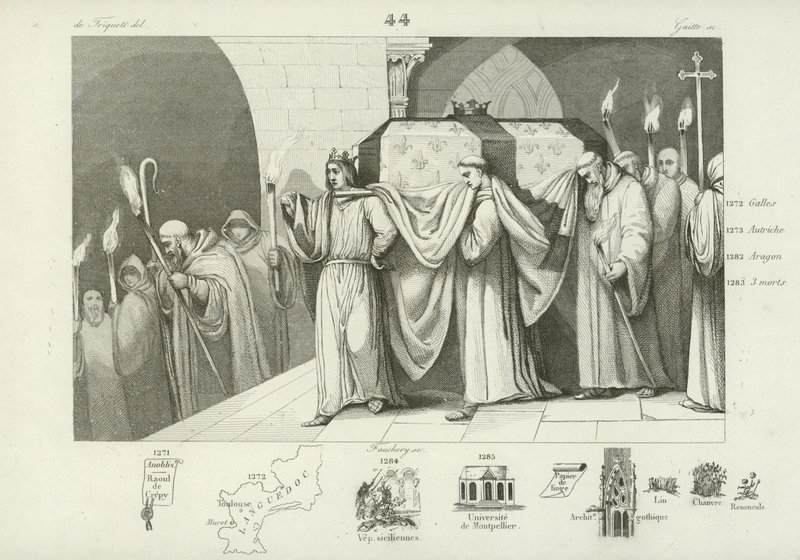 Felipe III de Francia ayudando a llevar el ataúd de su padre, Luis IX de French School