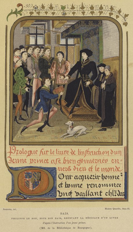 Felipe el Bueno, Duque de Borgoña, sentado en un estrado recibiendo un libro, siglo XV de French School