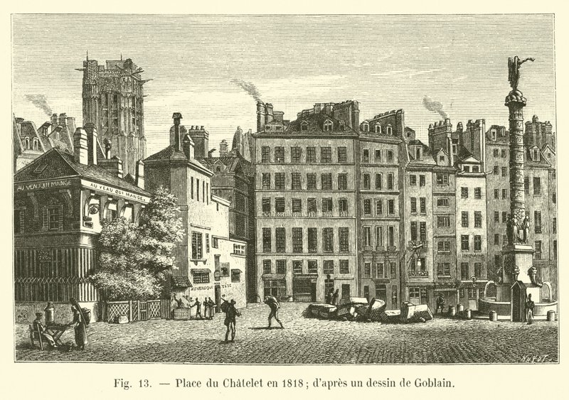 Plaza del Châtelet en 1818; según un dibujo de Goblain de French School