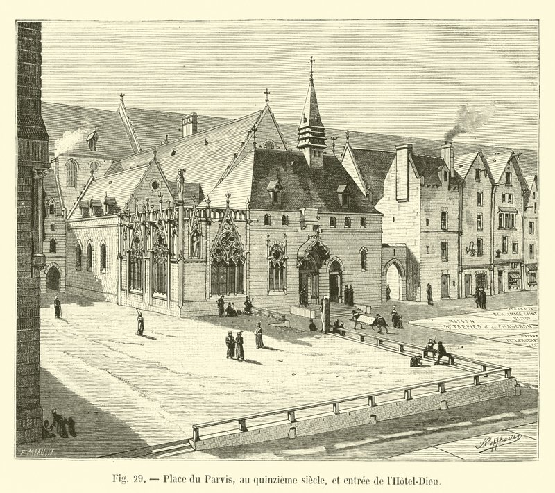 Plaza del Parvis, en el siglo XV, y entrada del Hôtel-Dieu de French School