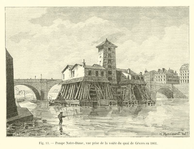 Bomba Notre-Dame, vista desde la bóveda del muelle de Gevres en 1861 de French School