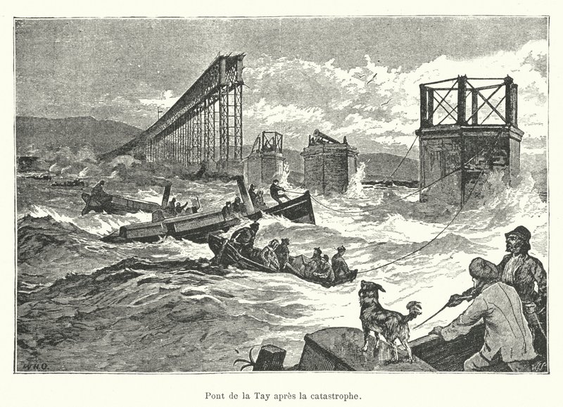 Puente de Tay después de la catástrofe (grabado) de French School