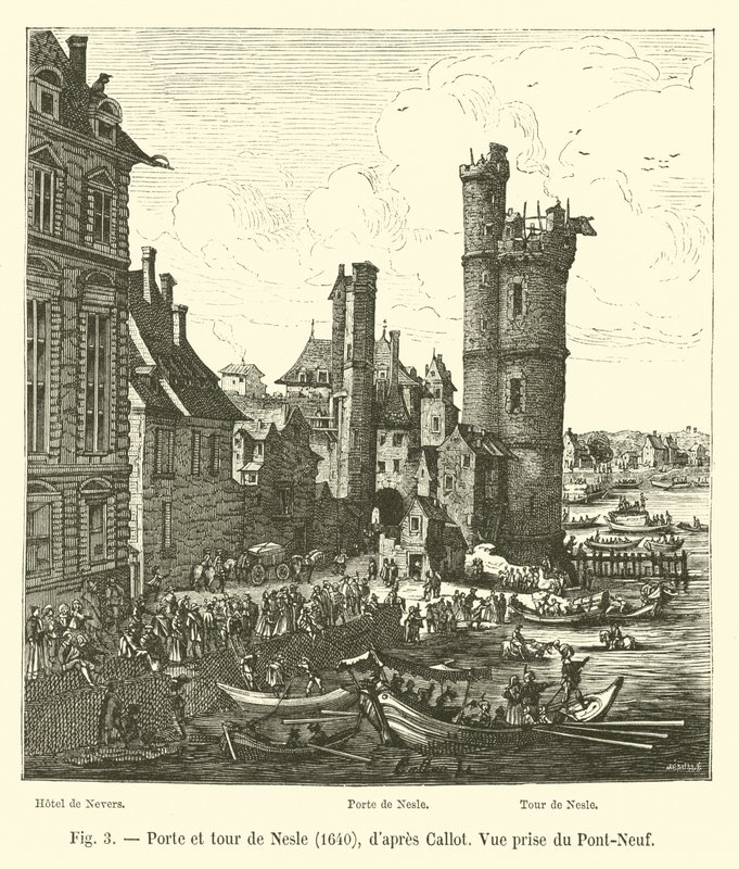 Puerta y torre de Nesle, 1640, según Callot, Vista tomada del Pont-Neuf de French School