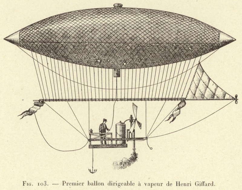Primer globo dirigible a vapor de Henri Giffard (grabado) de French School