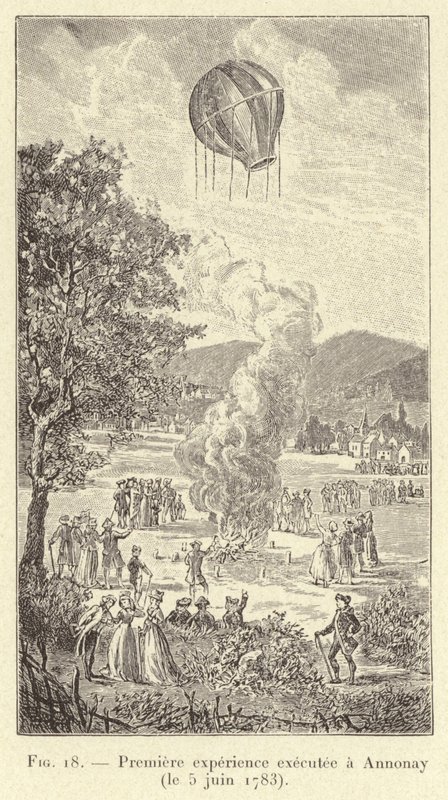 Primera experiencia ejecutada en Annonay (el 5 de junio de 1783) (grabado) de French School