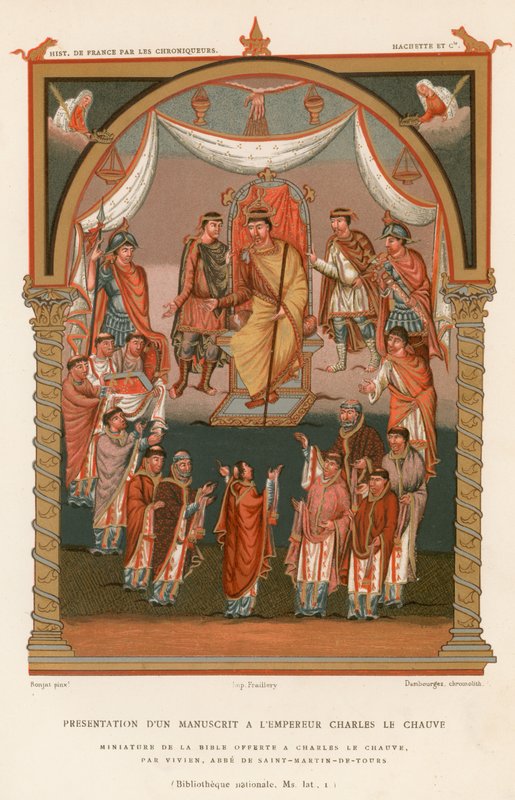 Presentación de un manuscrito al Emperador Carlos el Calvo de French School