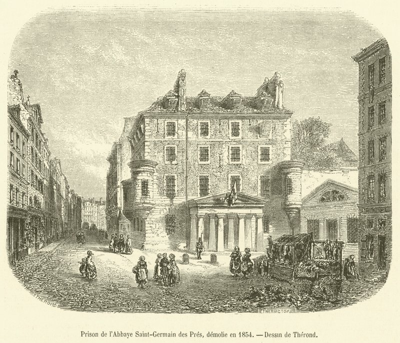 Prisión de la Abadía de Saint-Germain des Prés, demolida en 1854 (grabado) de French School