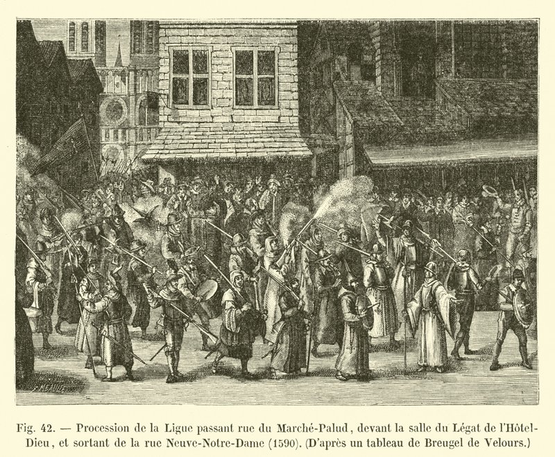 Procesión de la Liga pasando por la calle del Mercado-Palud, frente a la sala del Legado del Hôtel-Dieu, y saliendo de la calle Nueva-Notre-Dame, 1590, Según una pintura de Bruegel de Terciopelo de French School