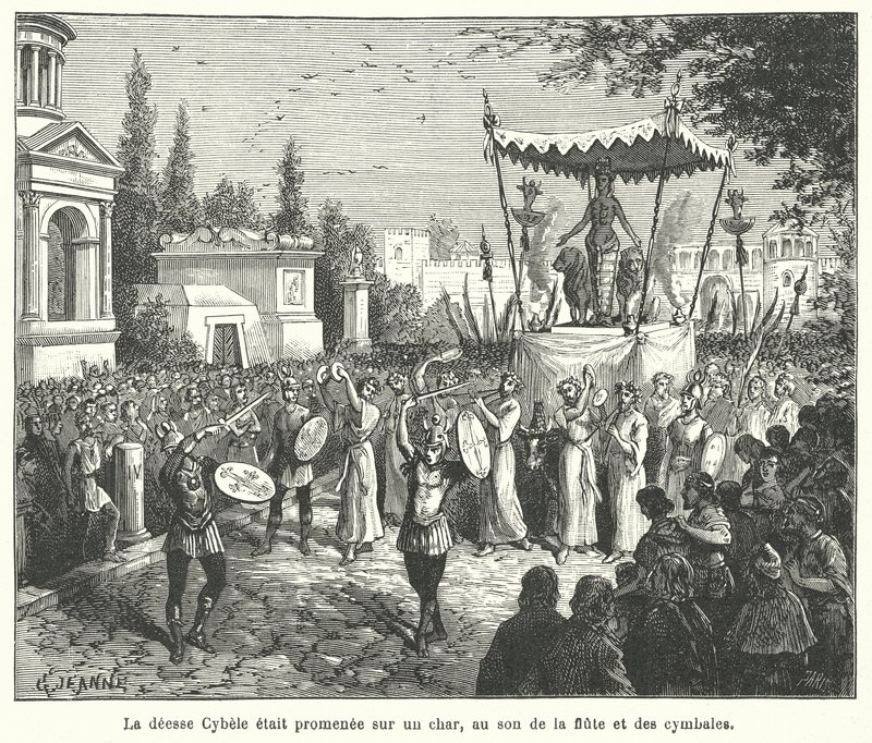 Procesión del carro de la diosa romana Cibeles, precedida por flautistas y tocadores de platillos (grabado) de French School