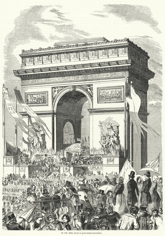 Procesión pasando frente al Gobierno Provisional Francés en el Arco de Triunfo, París de French School