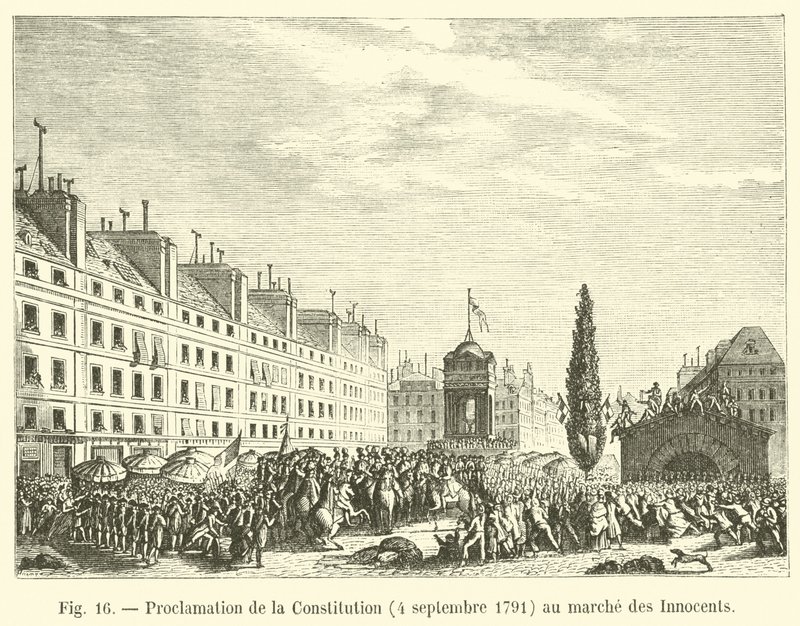 Proclamación de la Constitución, 4 de septiembre de 1791, en el mercado de los Inocentes de French School
