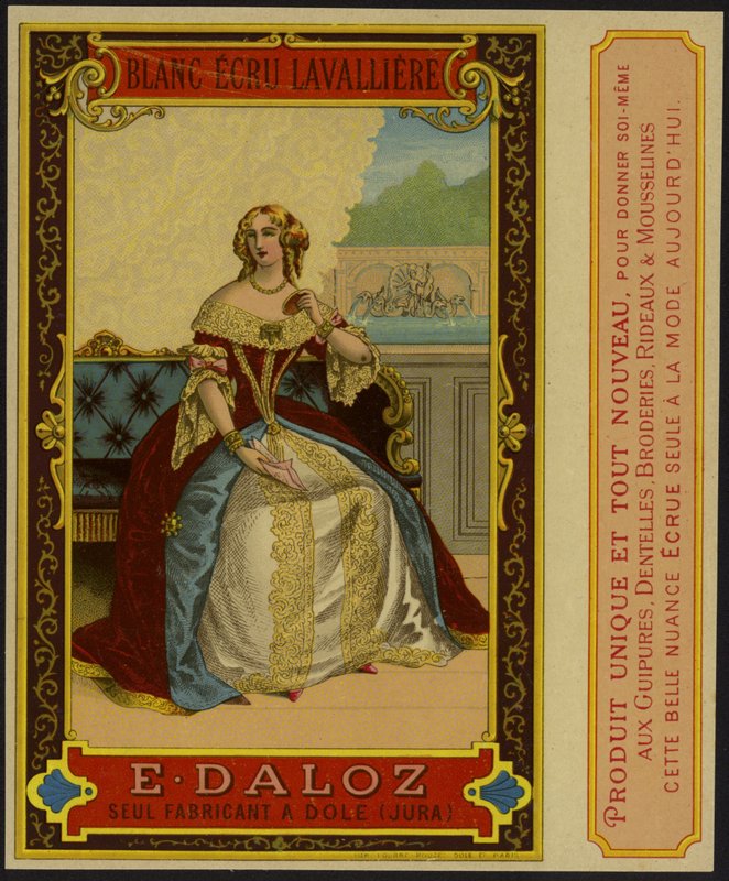 Etiqueta de producto con la imagen de una mujer bien vestida de French School