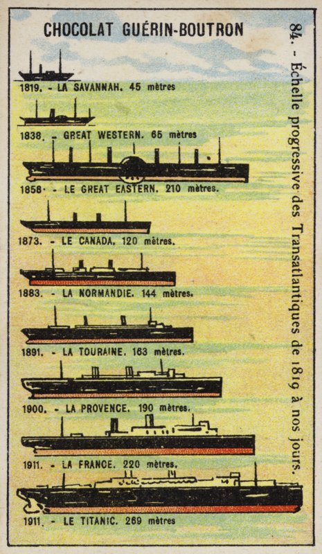 Aumento progresivo en el tamaño de los barcos transatlánticos de 1819 a 1911 de French School
