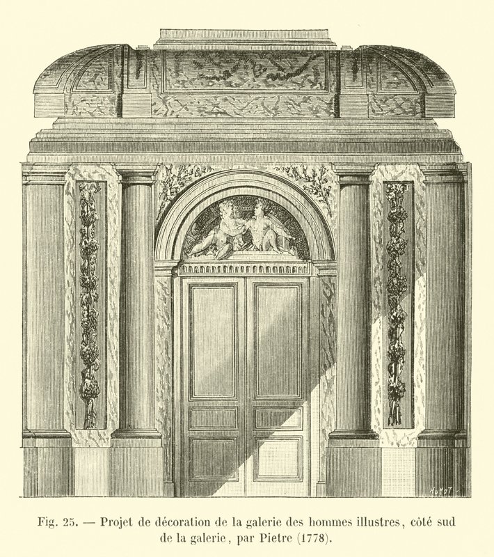 Proyecto de decoración de la galería de los hombres ilustres, lado sur de la galería, por Pietre, 1778 de French School
