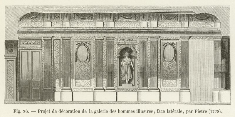 Proyecto de decoración de la galería de los hombres ilustres; cara lateral, por Pietre, 1778 de French School