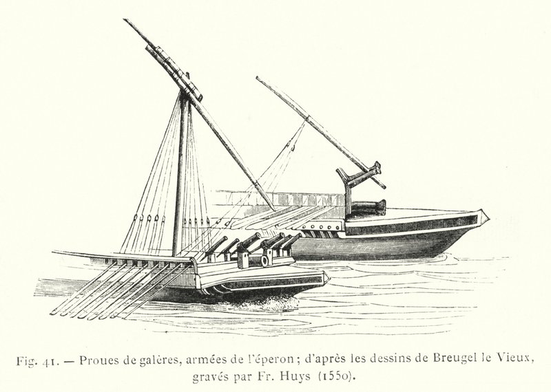 Proas de galeras, armadas con el espolón; según los dibujos de Breugel el Viejo, grabados por Fr Huys de French School