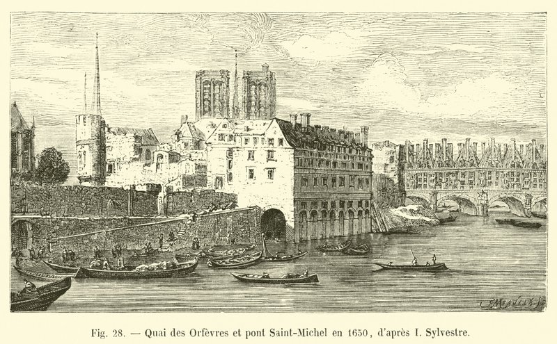 Quai des Orfèvres y puente Saint-Michel en 1650, según I. Sylvestre de French School