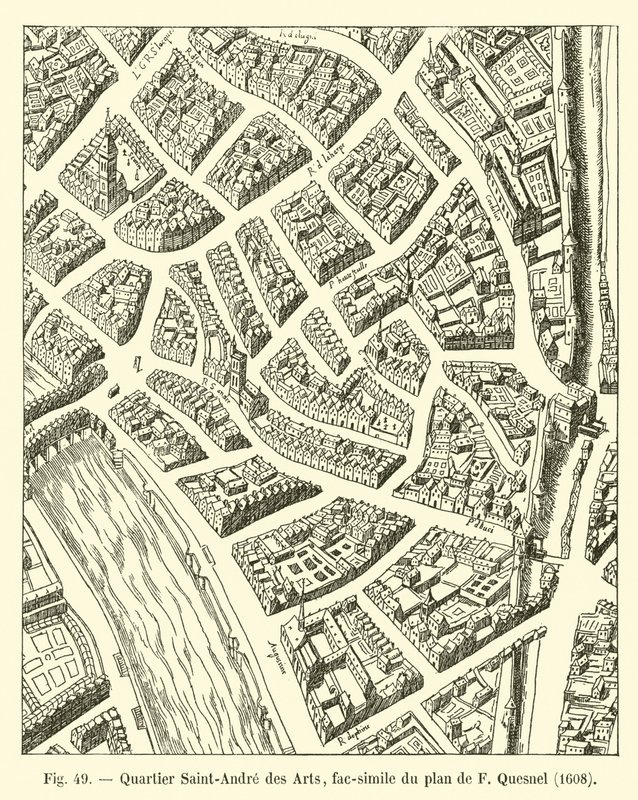 Barrio Saint-Andre des Arts, facsímil del plan de F. Quesnel, 1608 de French School