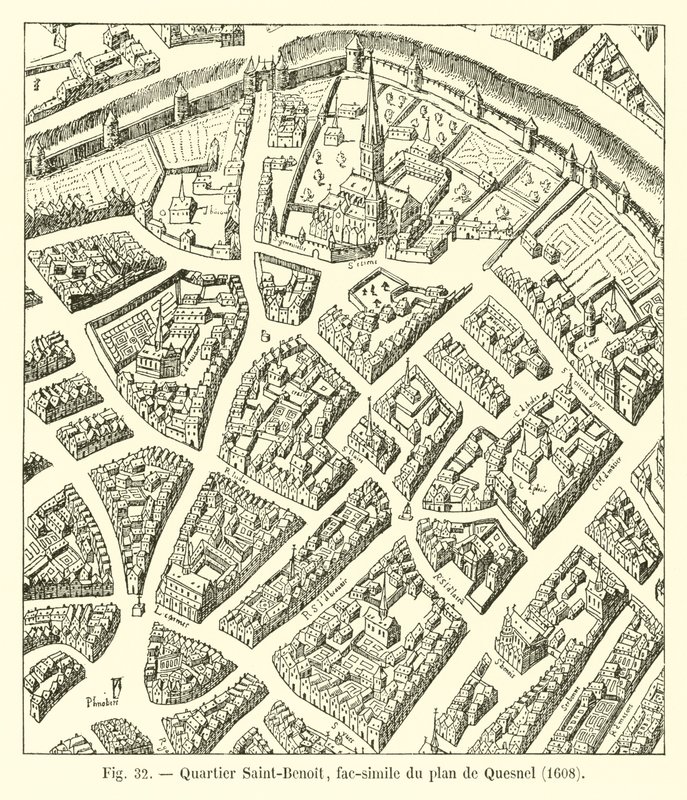 Barrio Saint-Benoit, facsímil del plan de Quesnel, 1608 de French School