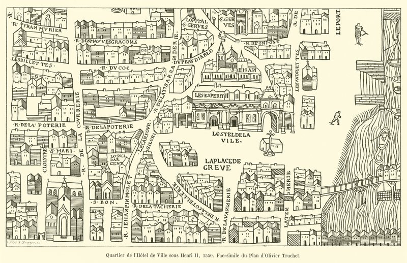 Barrio del Hôtel de Ville bajo Enrique II, 1550, facsímil del Plan de Olivier Truchet de French School