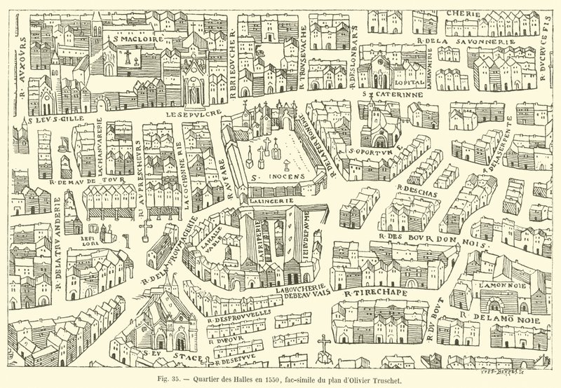 Barrio de Les Halles en 1550, facsímil del plan de Olivier Truschet de French School